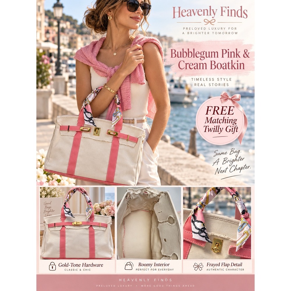 Bubblegum Pink and Cream Boatkin Canvas Tote Bag Canvas Gold Hardware Casual New